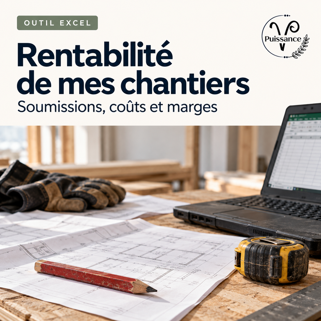 Rentabilité de mes chantiers — Excel, 2 styles inclus — visuel de présentation Puissance V