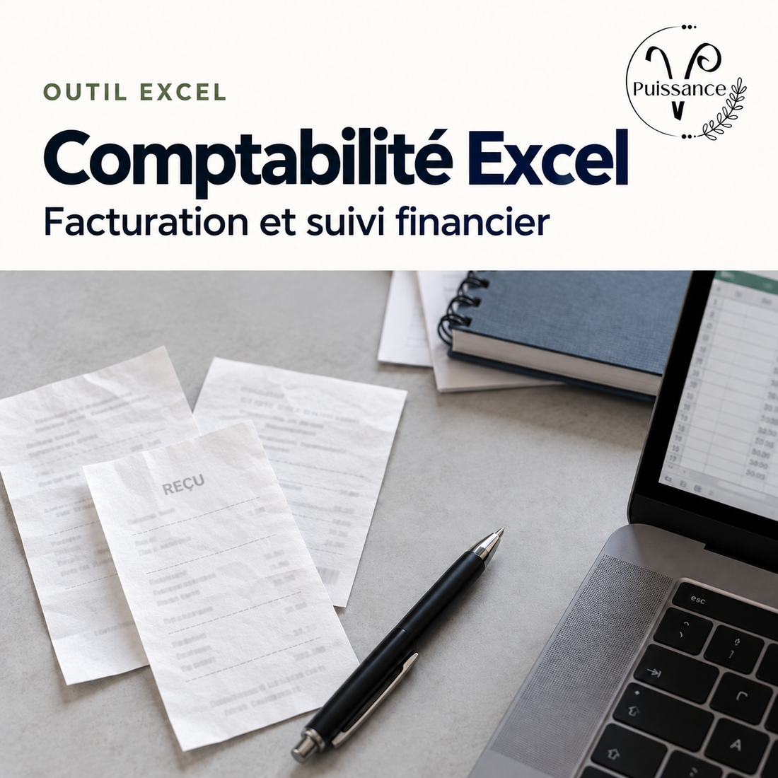 Comptabilité Excel — Facturation et suivi financier — visuel de présentation Puissance V