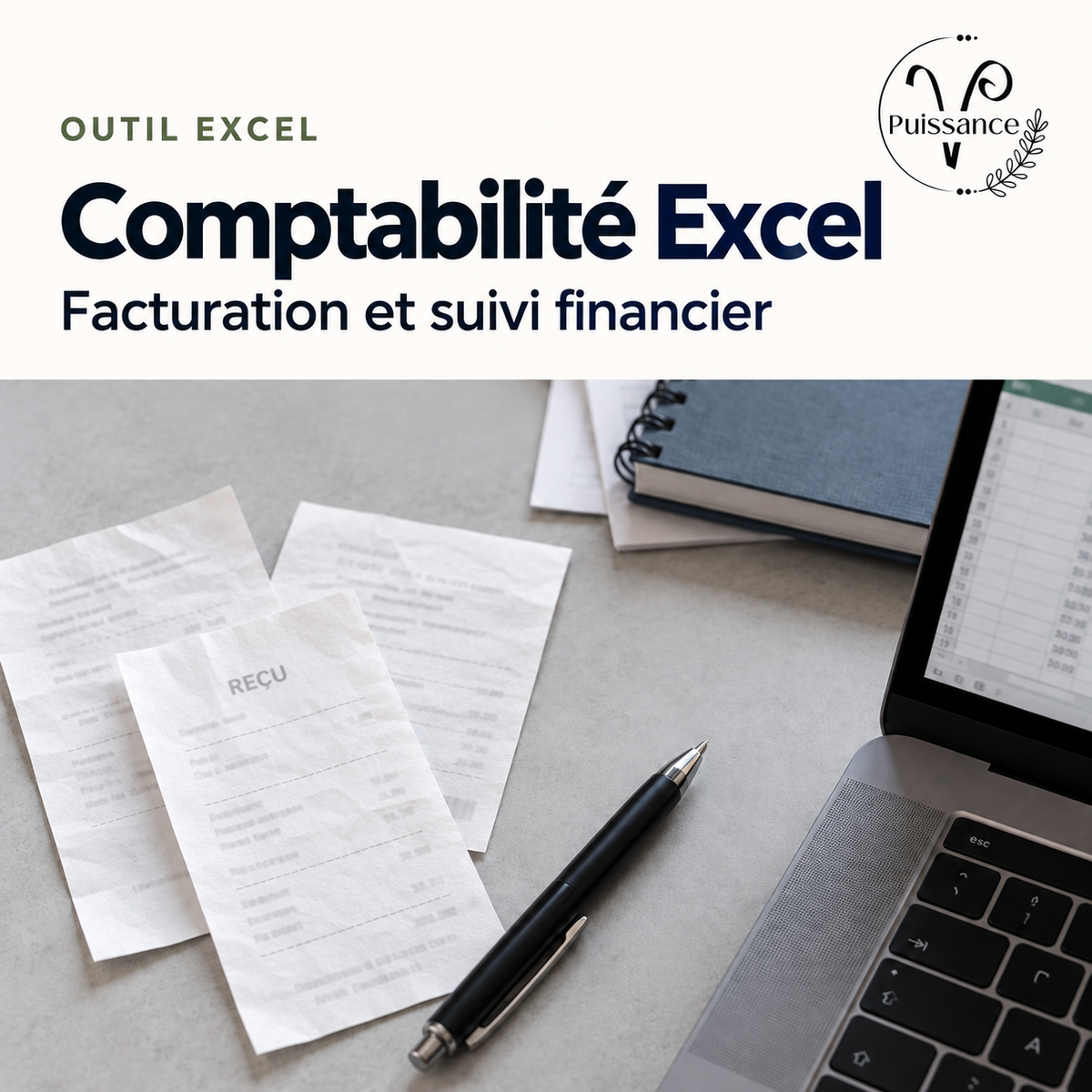 Comptabilité Excel — Facturation et suivi financier — visuel de présentation Puissance V