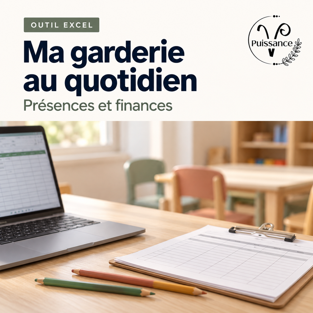 Ma garderie au quotidien — Excel, 2 styles inclus — visuel de présentation Puissance V
