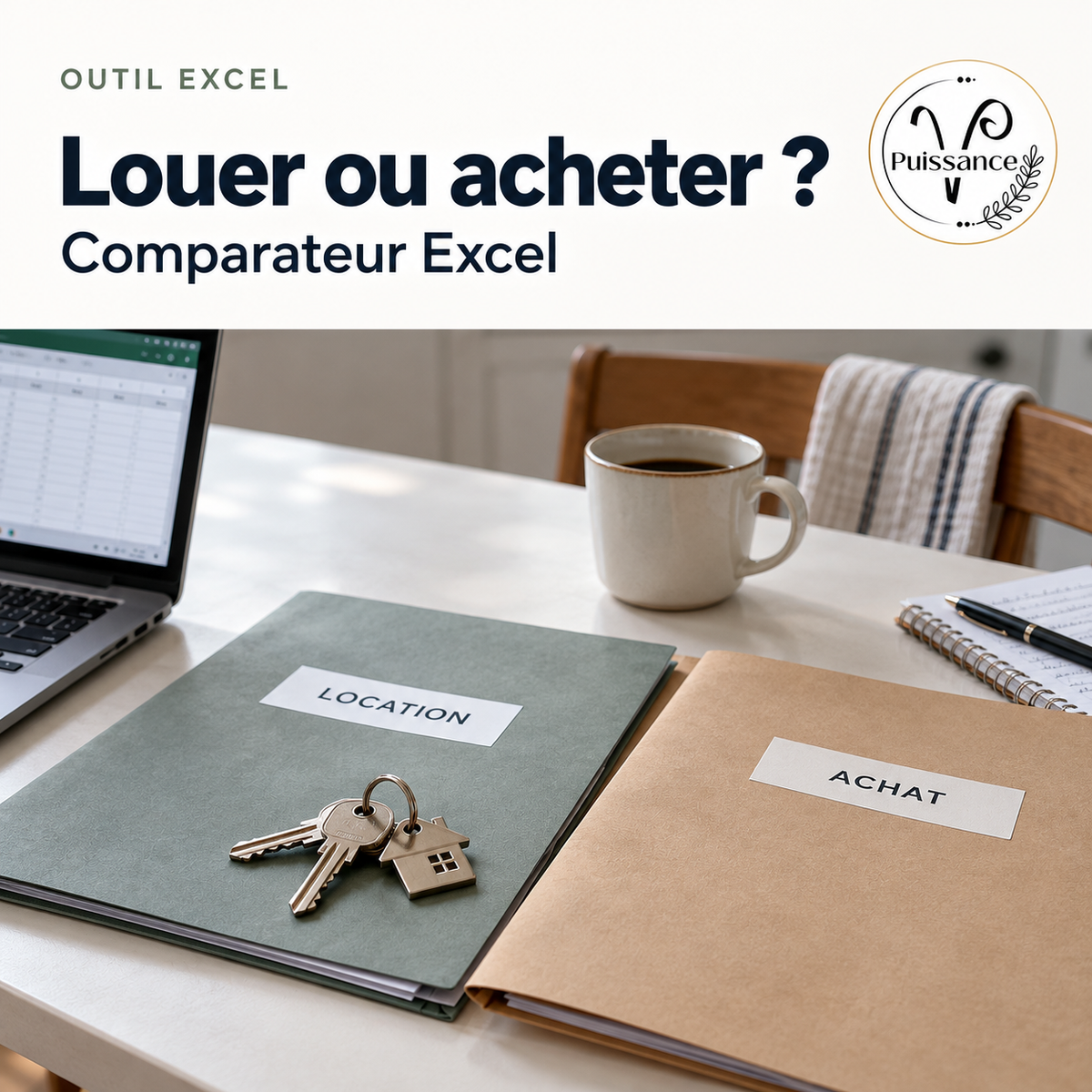 Louer ou acheter ? — Comparateur Excel, 2 versions incluses — visuel de présentation Puissance V