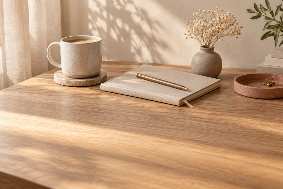 Carnet, tasse et fleurs séchées sur un bureau chaleureux.