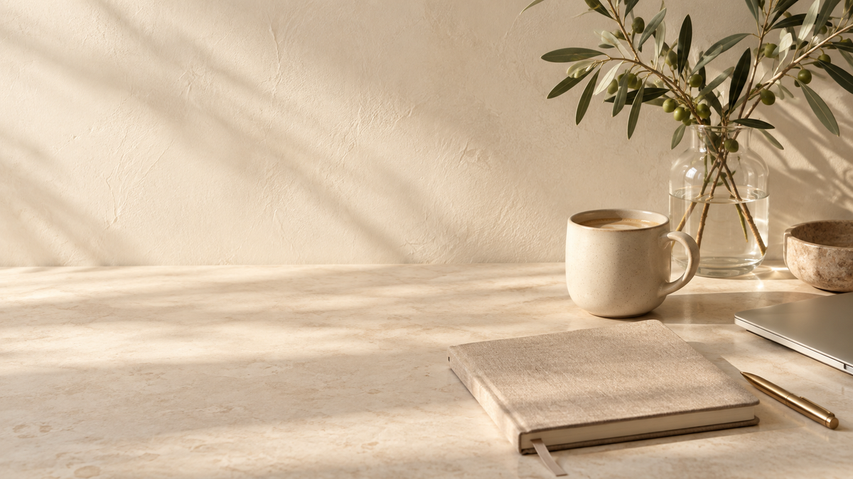 Un bureau lumineux, un carnet en lin et une tasse près de branches d’olivier.