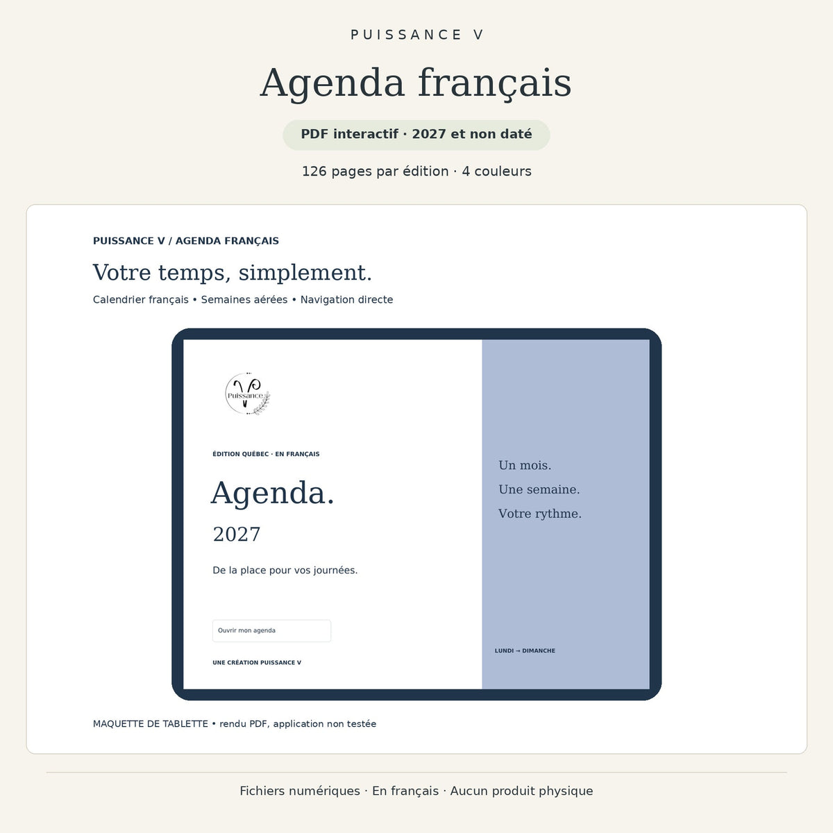 Agenda français — PDF 2027 et non daté, 126 pages par édition, quatre couleurs.