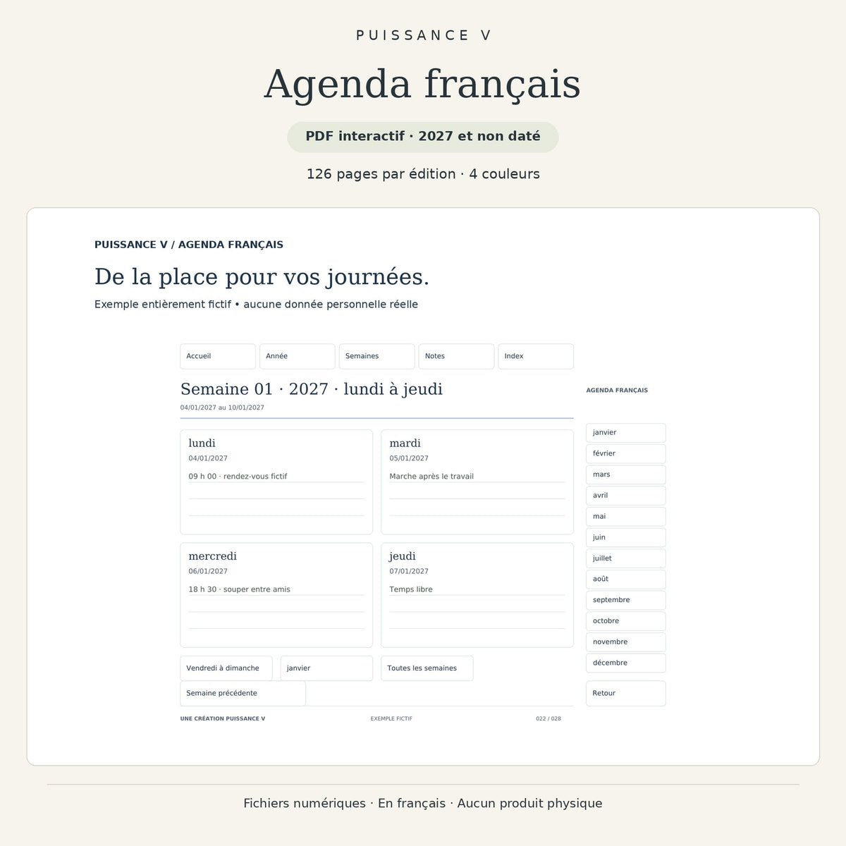 Agenda français — semaine remplie avec un exemple fictif.