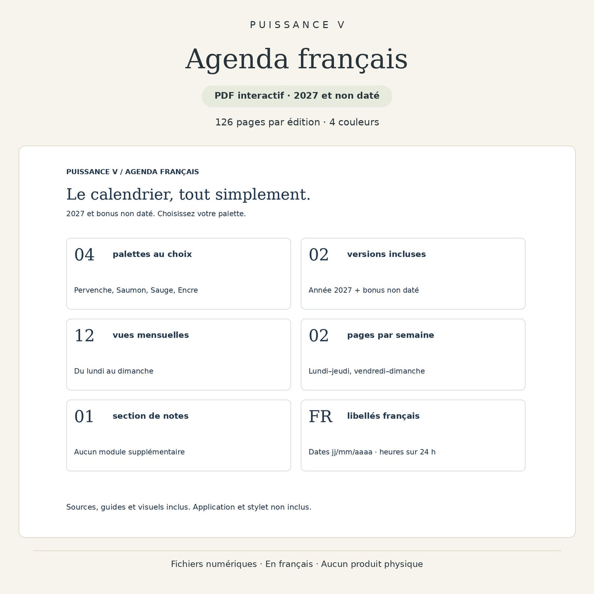 Agenda français — contenu du coffret et déclinaisons incluses.
