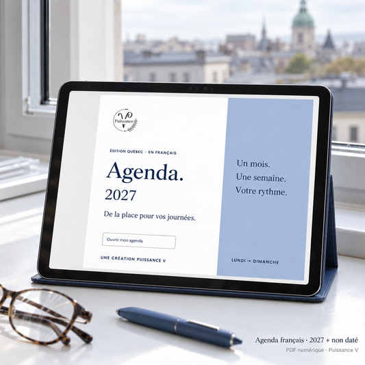 Agenda français — 2027 et non daté — mise en situation du PDF numérique Puissance V sur tablette; appareil et accessoires non inclus.
