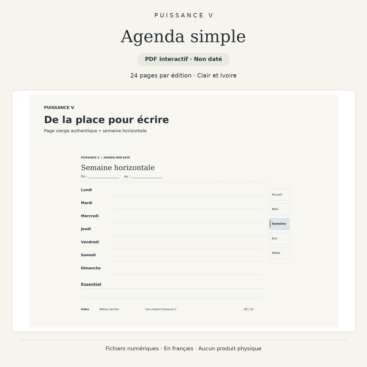 Agenda simple — aperçu des pages du planificateur PDF en français.
