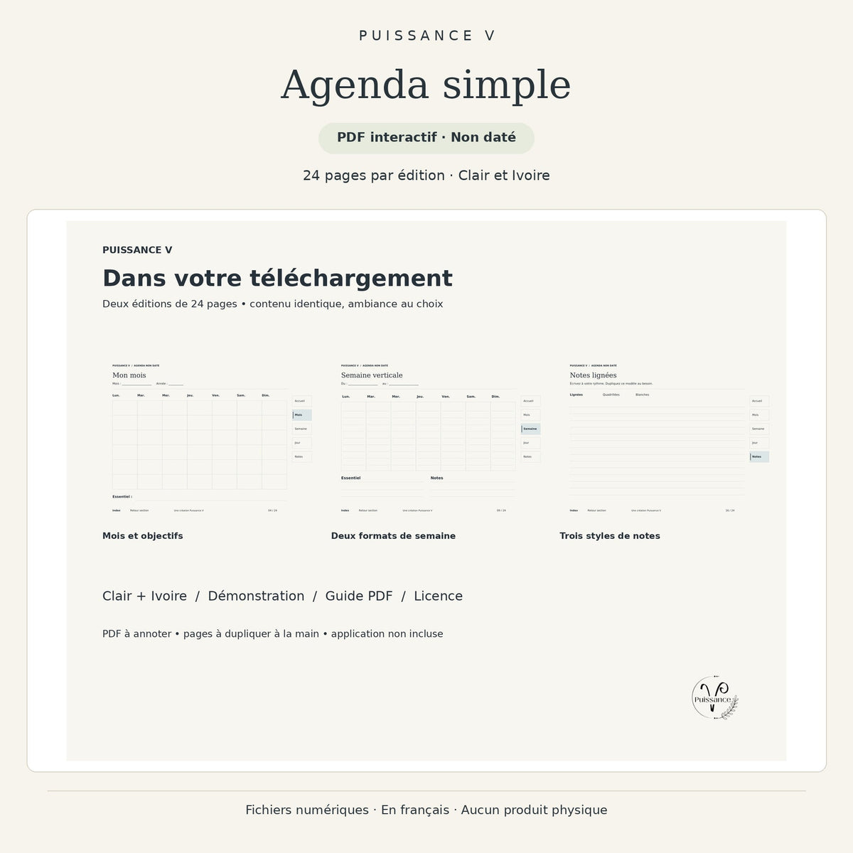 Agenda simple — les fichiers et documents d’accompagnement inclus dans le coffret.