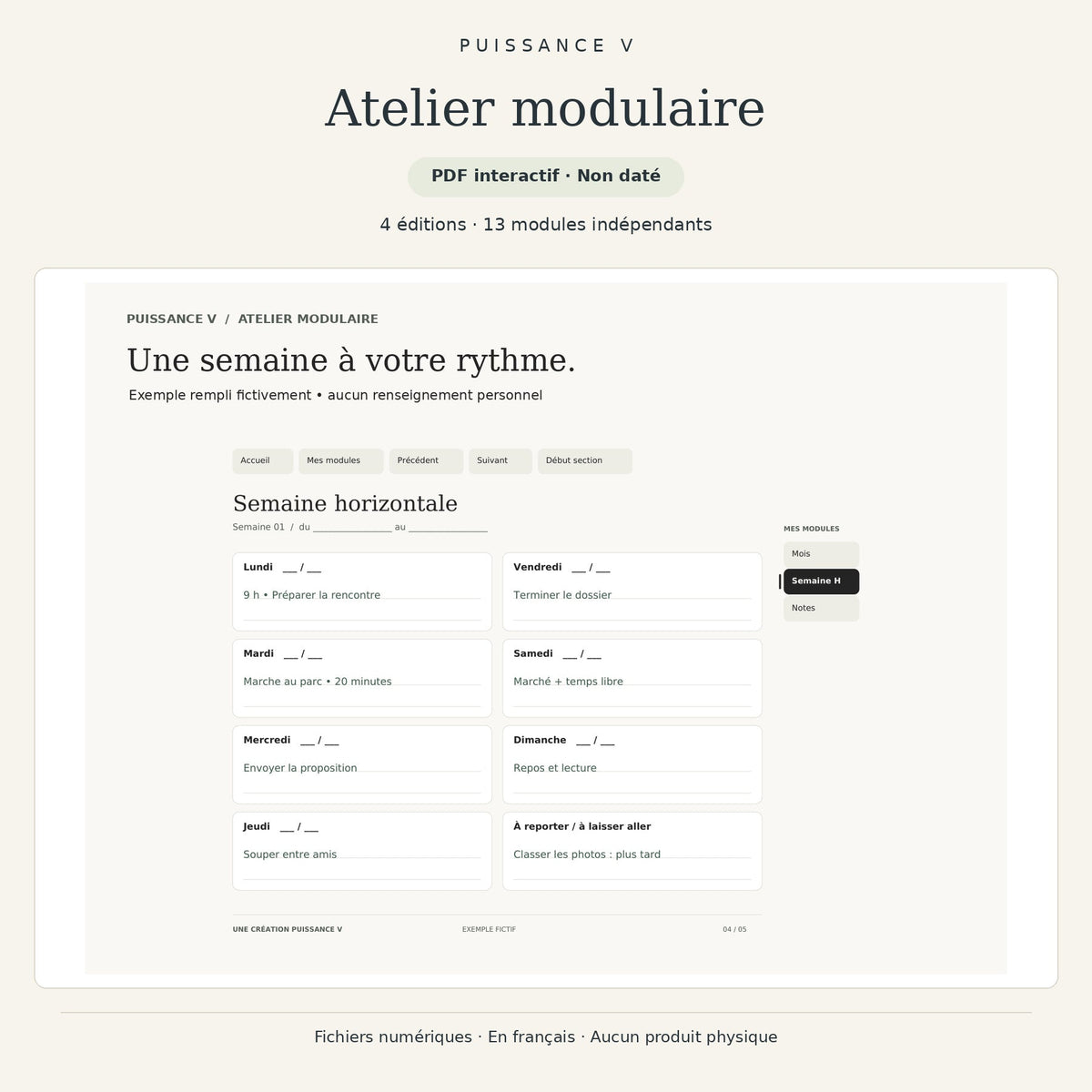 Atelier modulaire — exemple fictif de page annotée.