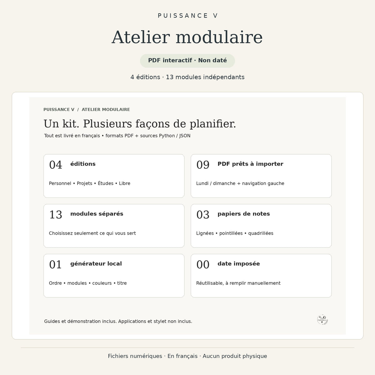 Atelier modulaire — contenu du coffret de planification en français.