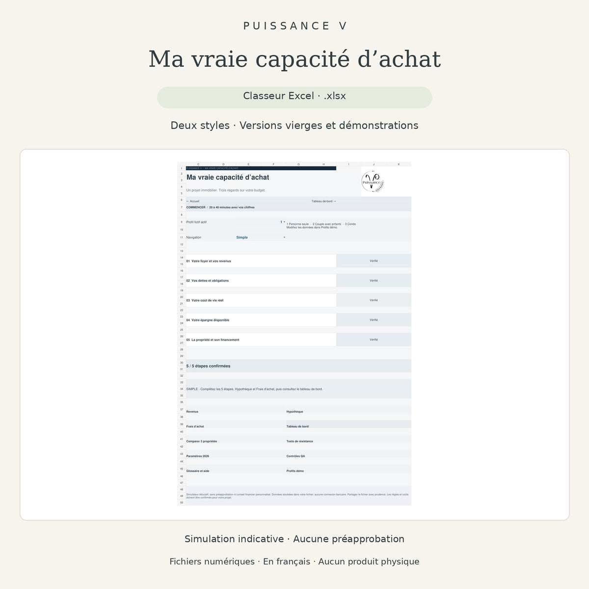 Ma vraie capacité d’achat Puissance V — Deux styles · Versions vierges et démonstrations — aperçu réel du classeur Excel