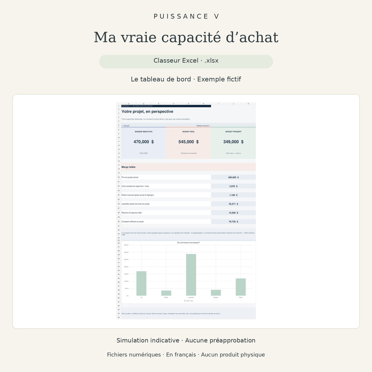 Ma vraie capacité d’achat Puissance V — Le tableau de bord · Exemple fictif — aperçu réel du classeur Excel