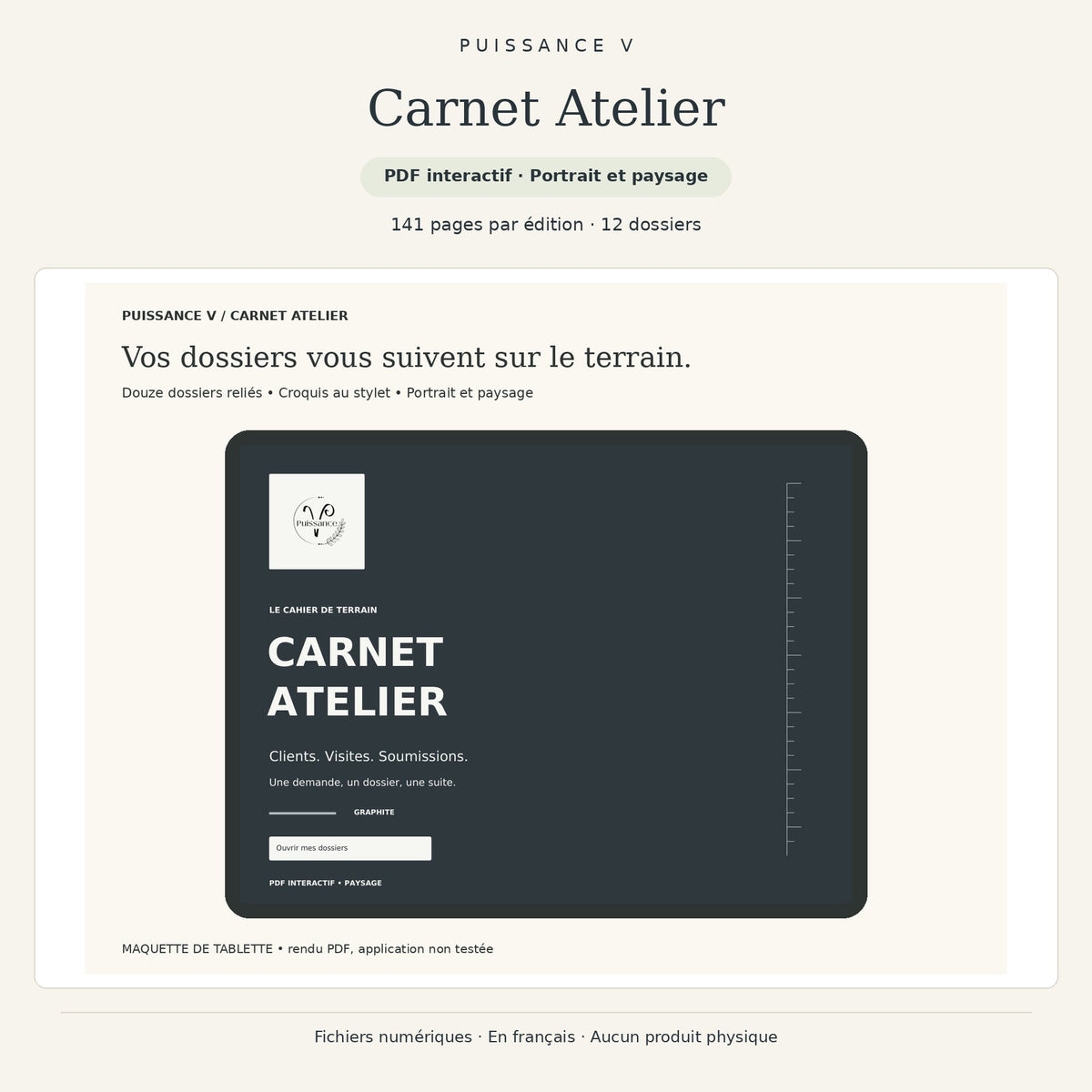 Carnet Atelier — PDF portrait et paysage, 141 pages par édition et douze dossiers.