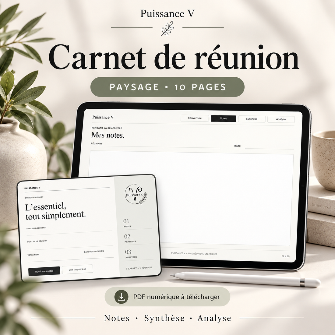 Carnet de réunion numérique paysage — 10 pages, notes, synthèse et analyse