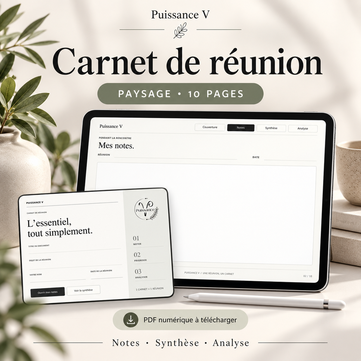 Carnet de réunion numérique paysage — 10 pages, notes, synthèse et analyse