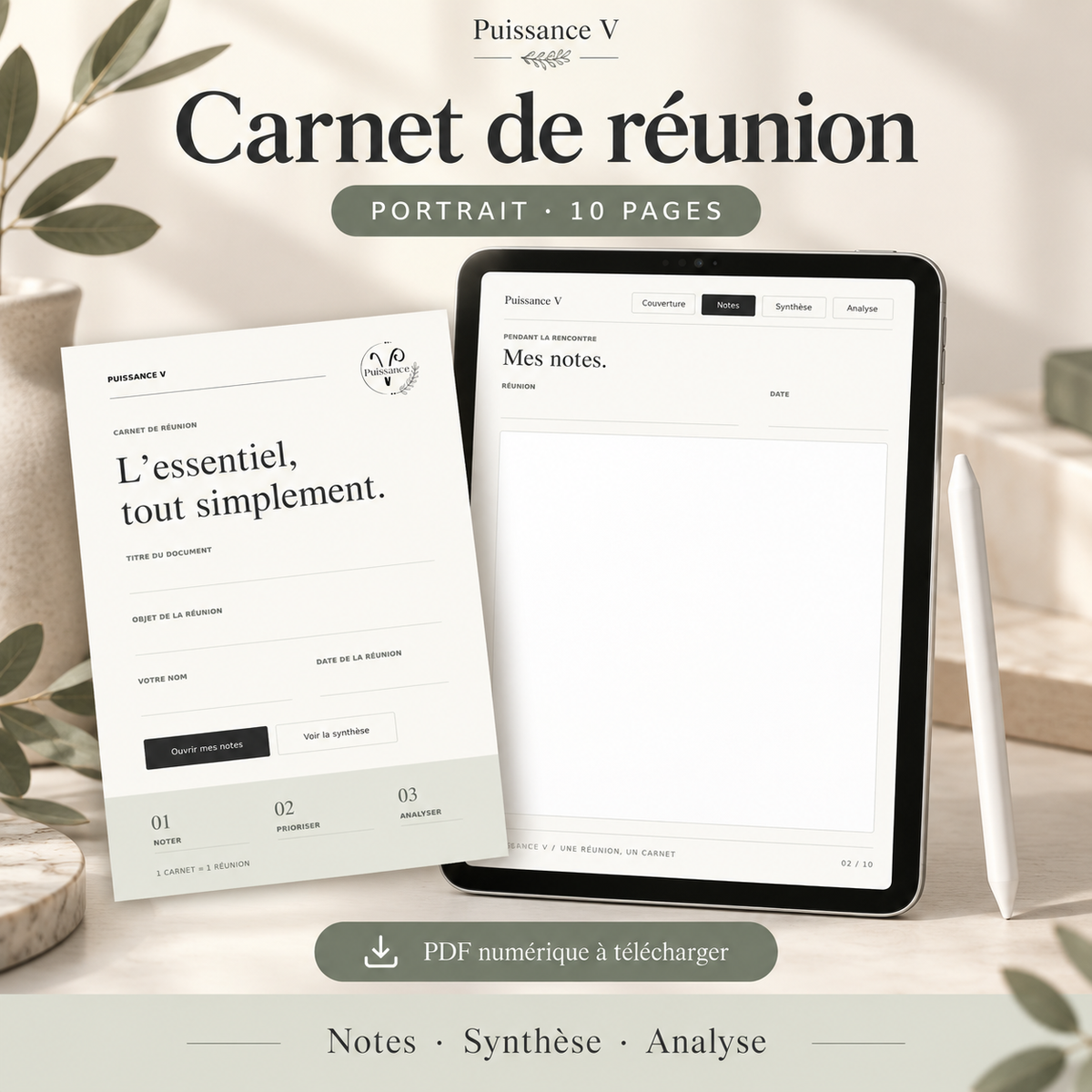 Carnet de réunion numérique portrait — 10 pages, notes, synthèse et analyse