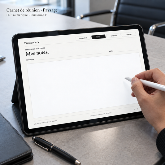 Carnet de réunion Puissance V en paysage, utilisé au stylet à une table de réunion — PDF numérique, appareil non inclus.