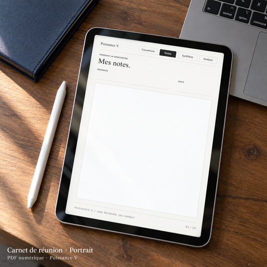 Carnet de réunion Puissance V en portrait sur tablette, sur un bureau en bois — PDF numérique, appareil non inclus.