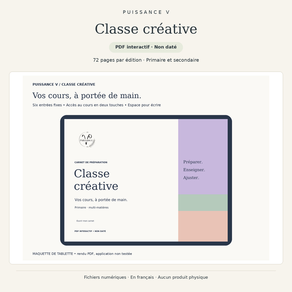Classe créative Puissance V — planificateur PDF non daté, 72 pages par édition, primaire et secondaire.