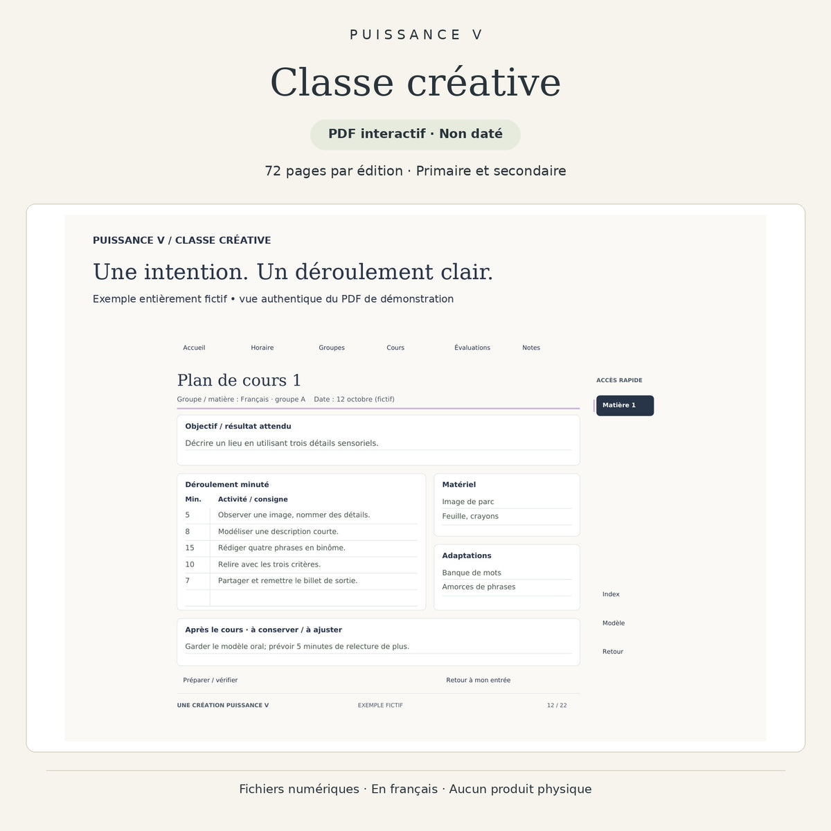 Classe créative Puissance V — exemple fictif de préparation de cours dans le cahier PDF.