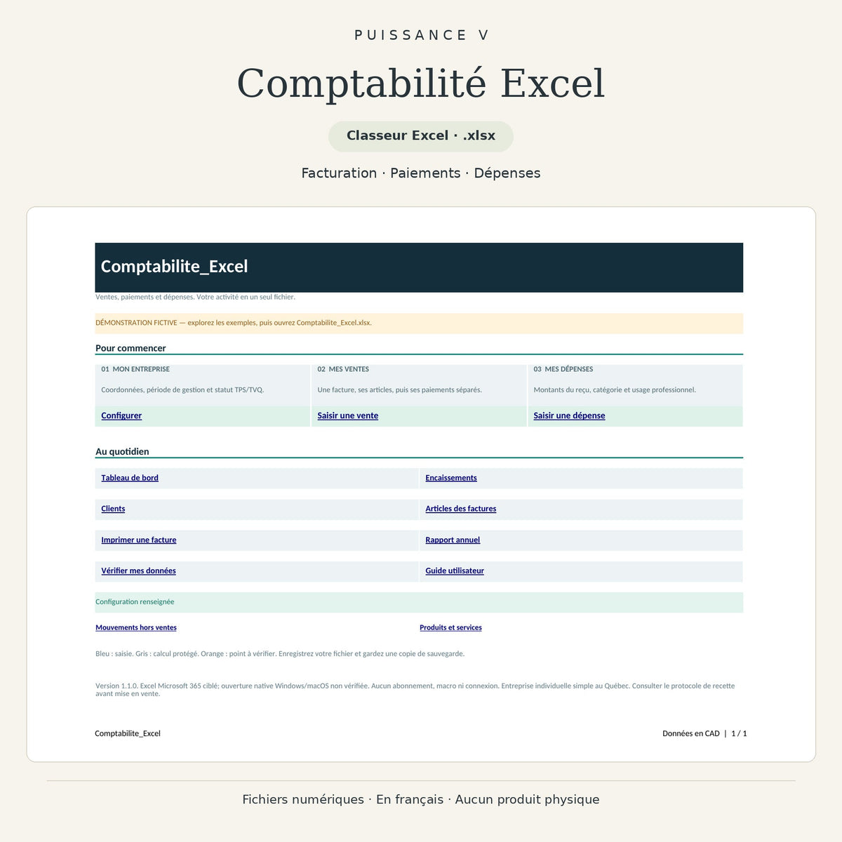 Comptabilité Excel — accueil du classeur de facturation et suivi financier en français.