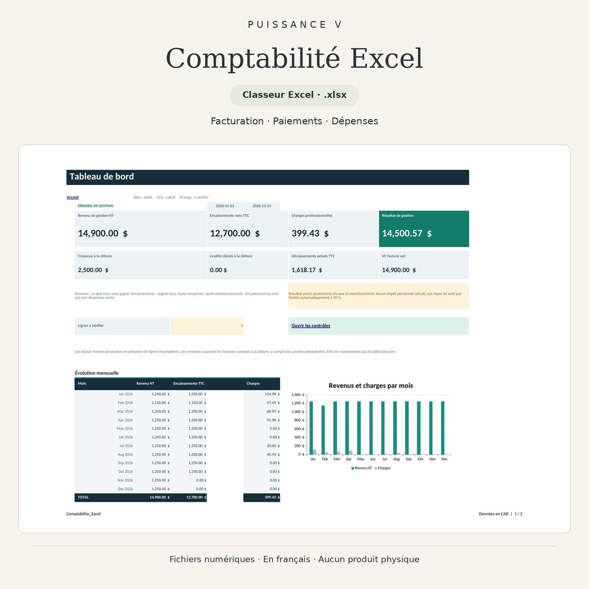 Comptabilité Excel — tableau de bord, données de démonstration.