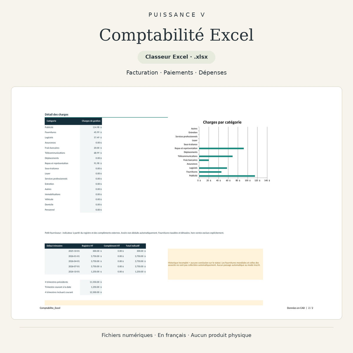Comptabilité Excel — aperçu complémentaire du suivi financier dans le fichier .xlsx.