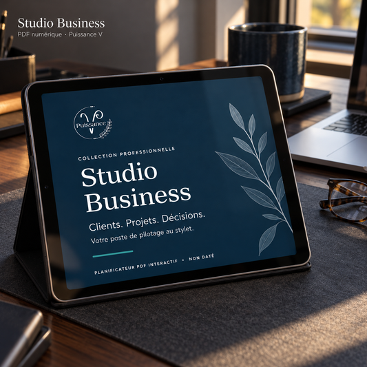 Studio Business — mise en situation du PDF numérique Puissance V sur tablette; appareil et accessoires non inclus.