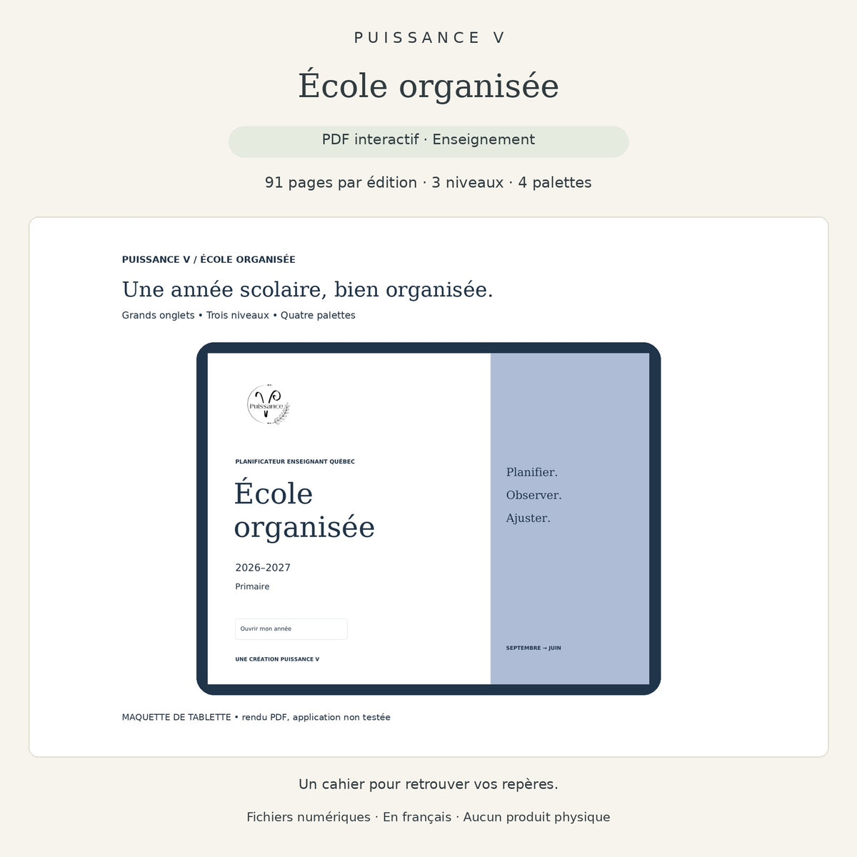 École organisée Puissance V — présentation du cahier PDF