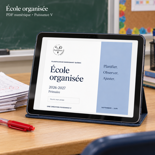 École organisée — Planificateur enseignant — mise en situation du PDF numérique Puissance V sur tablette; appareil et accessoires non inclus.