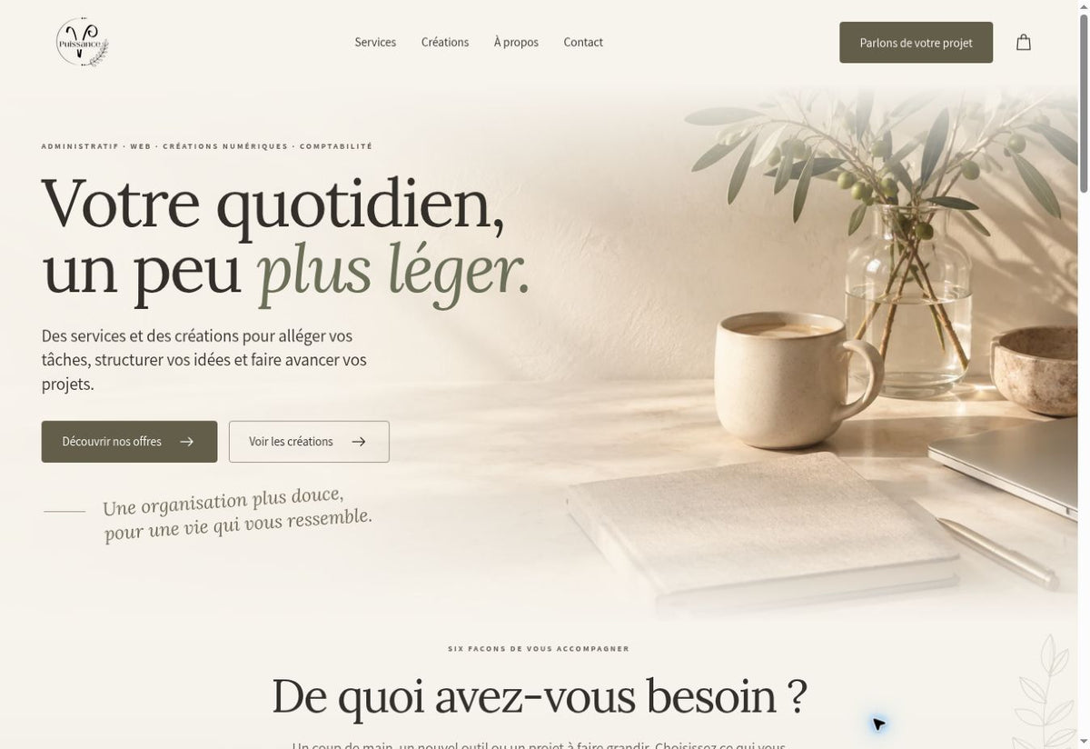 Aperçu réel du site Puissance V, avec header fondu dans la bannière et dégradés ivoire.