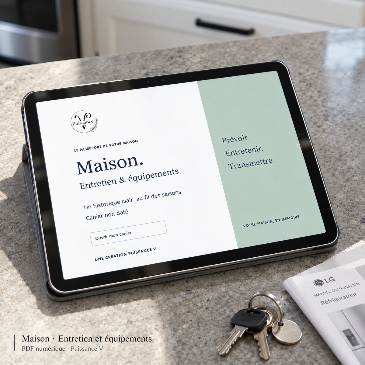 Maison — Entretien et équipements — mise en situation du PDF numérique Puissance V sur tablette; appareil et accessoires non inclus.