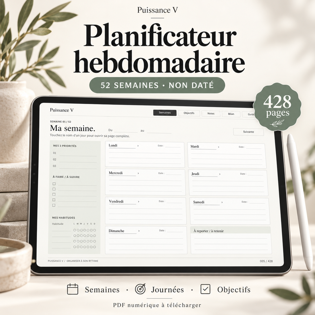 Planificateur hebdomadaire numérique non daté — 52 semaines et 428 pages