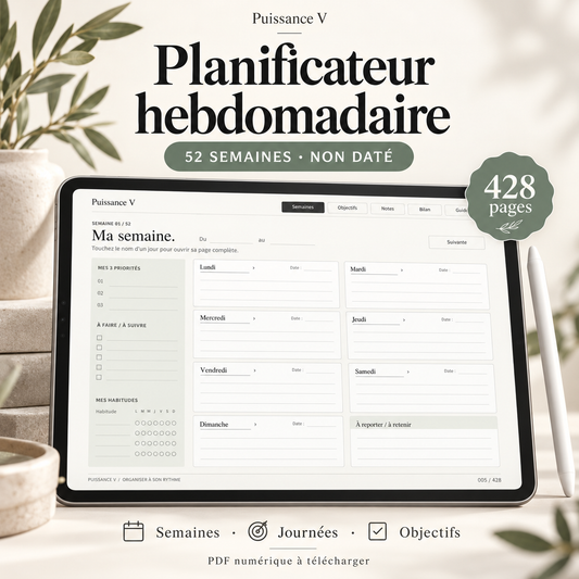 Planificateur hebdomadaire numérique non daté — 52 semaines et 428 pages